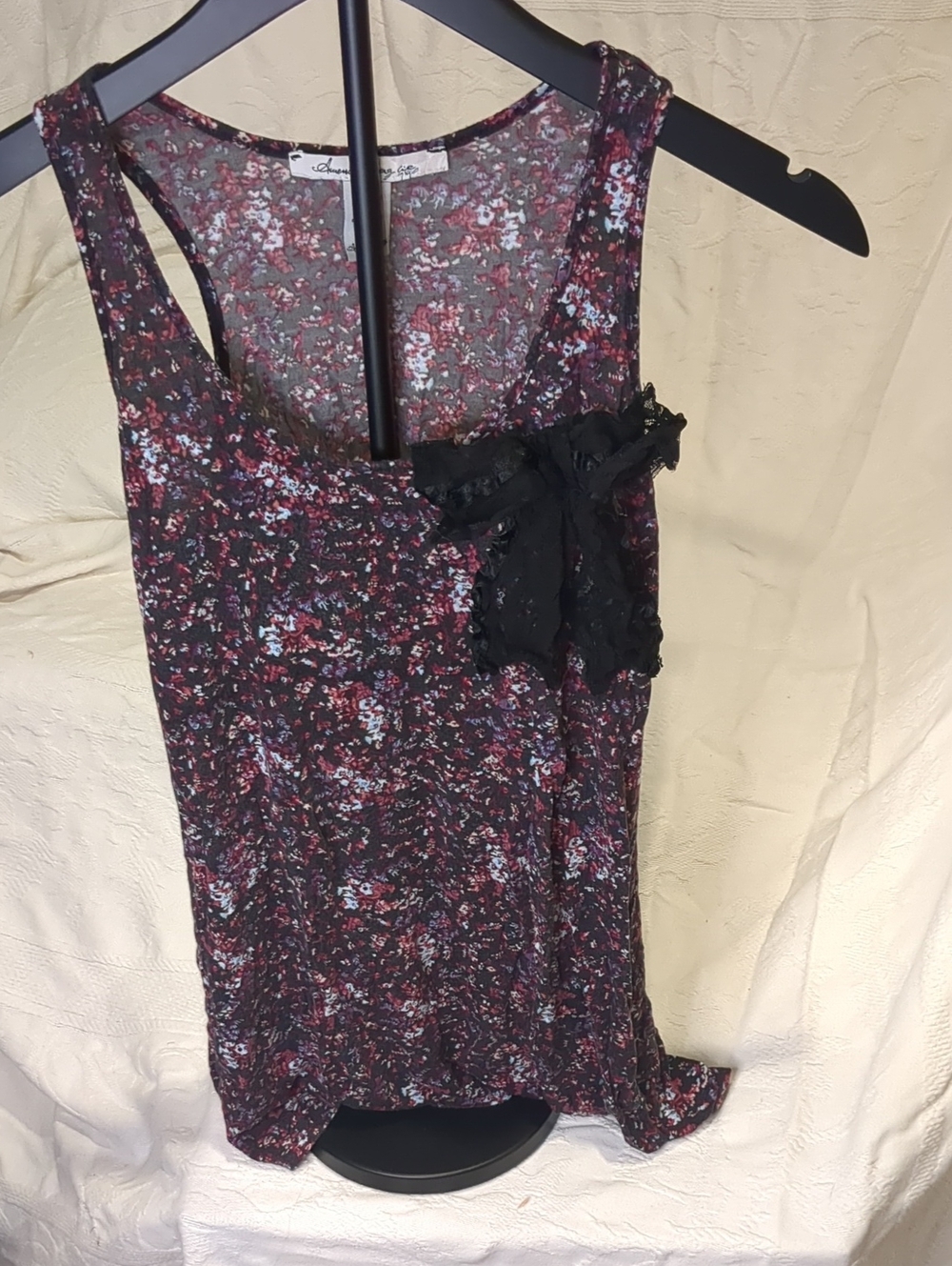 American Rag Pink and Burgundy Floral Rayon Tank with Black Lace